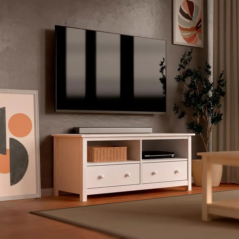 

Elegant White Solid Oak TV Stand - Spacious Storage & Open Shelves for TVs up to 55