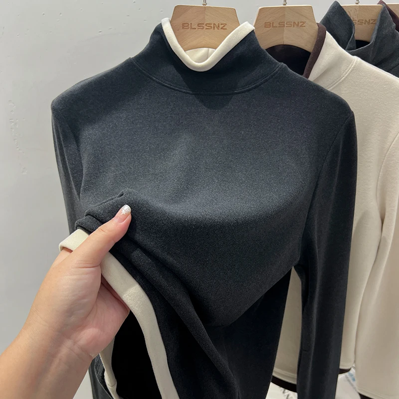 Women's High Collar Fleece Lined Double Sided Brushed Base Shirt Inner Wear T-Shirt Color Block Design Winter Commute Style