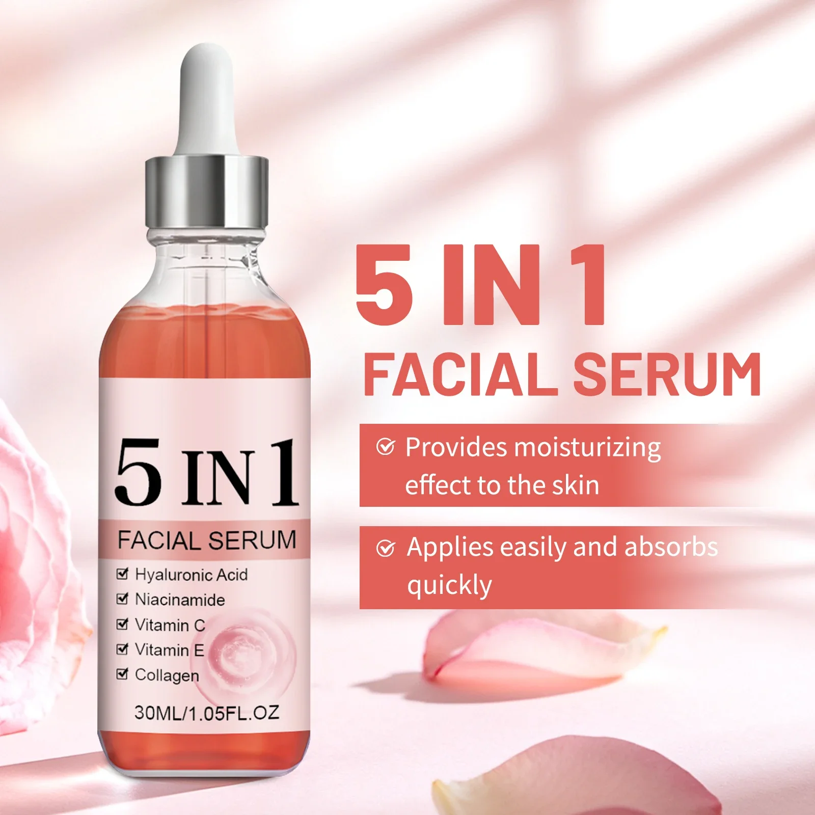 5-in-1 Face Serum 30ml - HA, Vitamin C, Niacinamide, E & Collagen for Hydrating & Nourishing Skin Care.