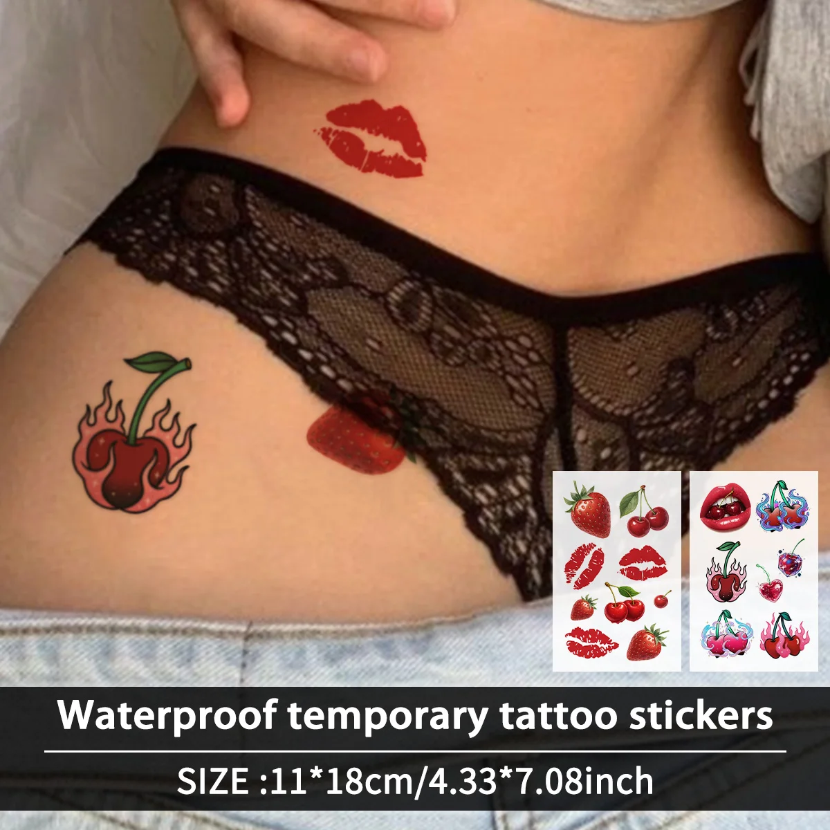 Cherry Kiss Temporary Tattoo Sticker, Long-lasting and Waterproof, Fruity Lips, Realistic Fake Tattoos for Couple, Arm, Chest