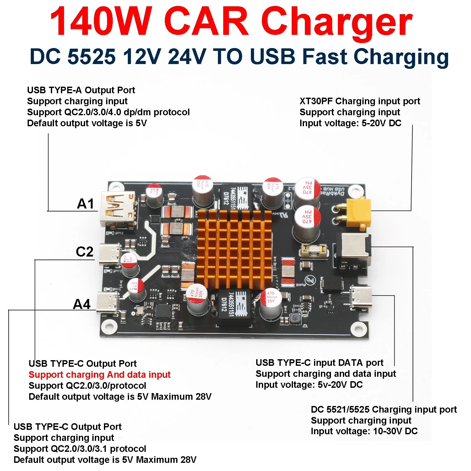 

140W TYPE-C USB Car Charger PD Fast Charging Converter Module Desktop charging Adapter QC PD 3.0 3.1 DC 5525 12V 24V TO USB