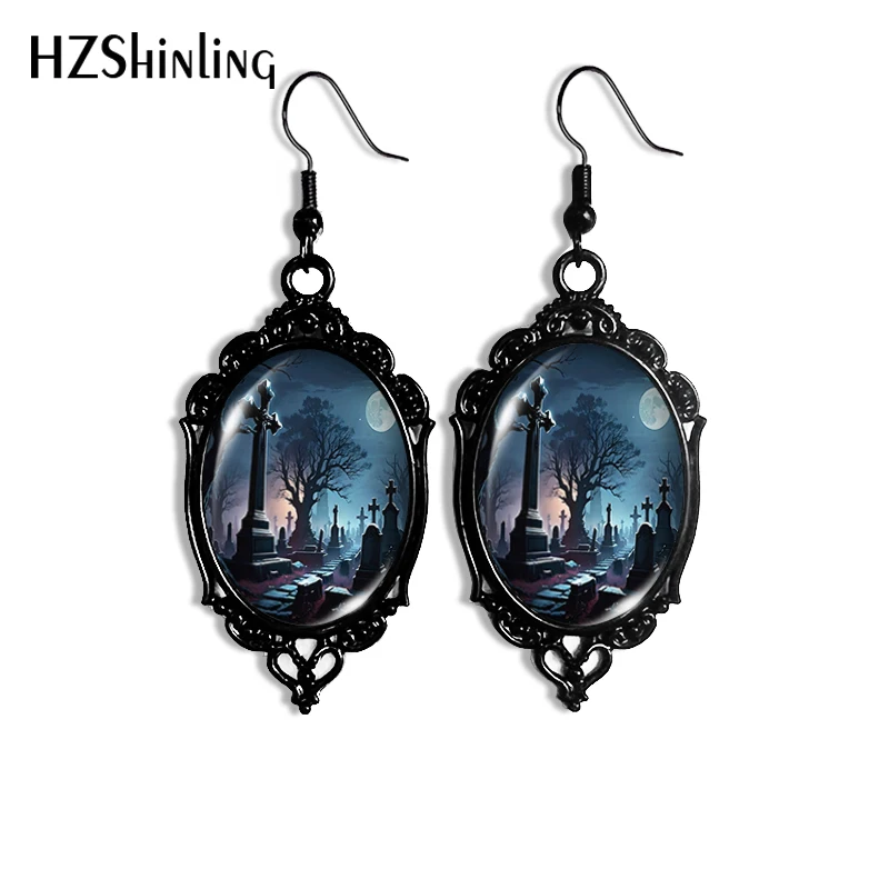 2024 New Halloween Grave Yard Dangle Earring Black Lace Earrings Oval Glass Photo Jewelry Gifts Party