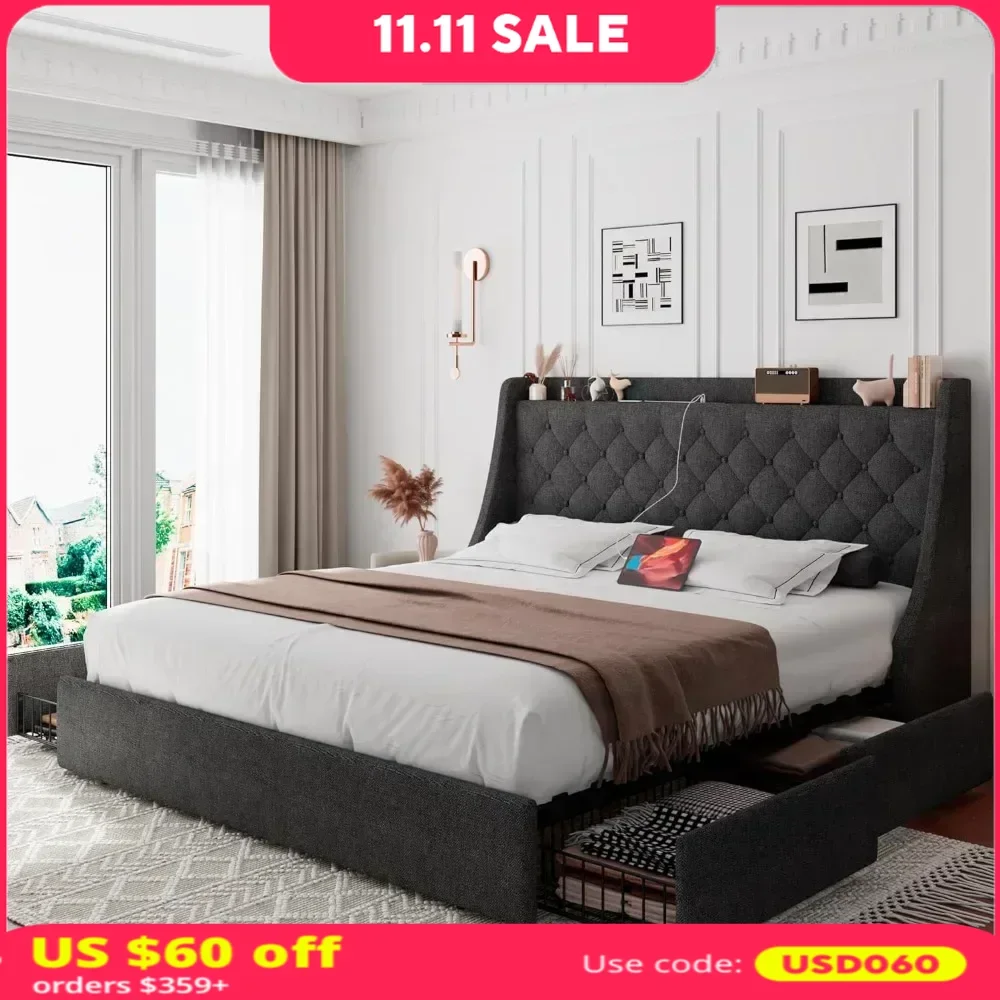 King Size Bed Frame With 4 Storage Drawers, Upholstered Headboard Charging Socket, Solid Wooden Slats, King Bed Frames