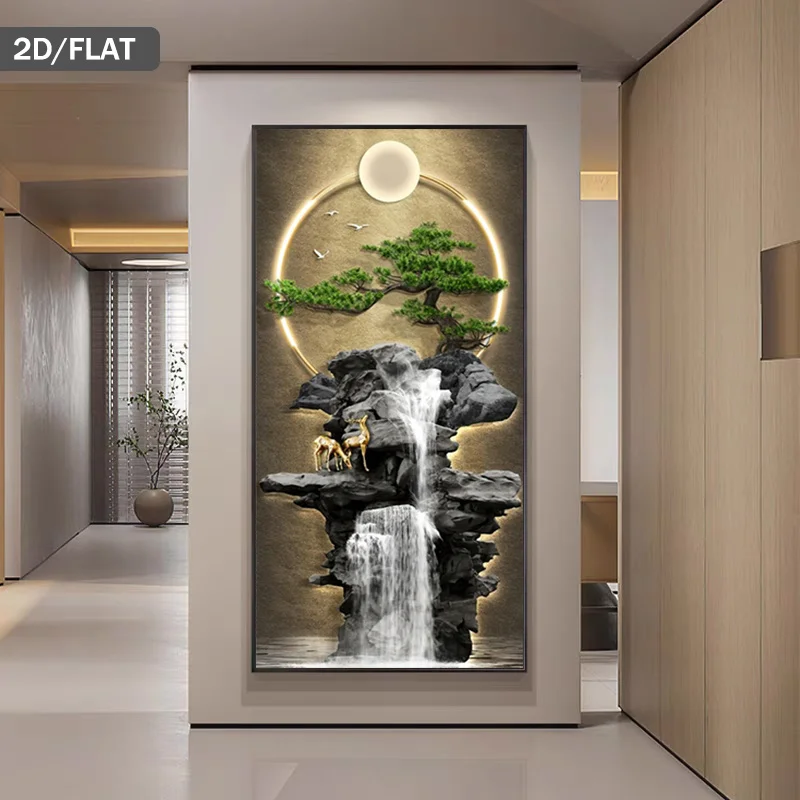 1 Stück rahmenloses Leinwandgemälde, großer moderner Leinwanddruck mit Wasserfallmotiv, ungerahmte asiatische Landschaftswandkunst mit Hirsch und Bonsai-Baum – Detail 4