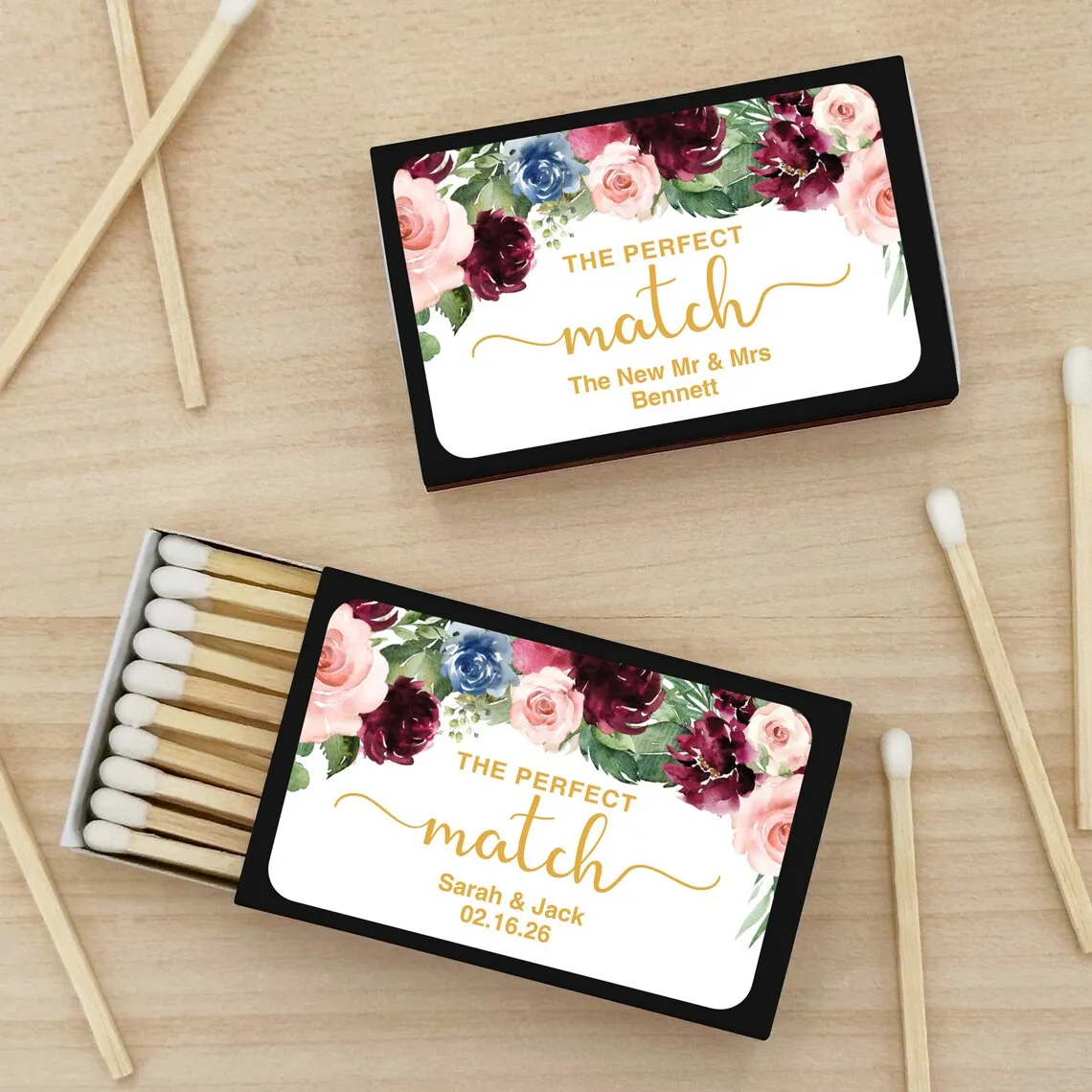 The Perfect Match Matches, Wedding Matches, Personalized Matchboxes, Watercolor Floral Matches, Burgundy and Pink wedding favors