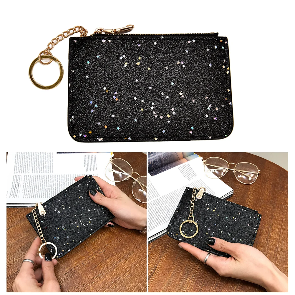 

Women Wallet Star Sequins Holder Black Zipper Purse Key Chain Slim Lightweight Stylish Party Evening Bag