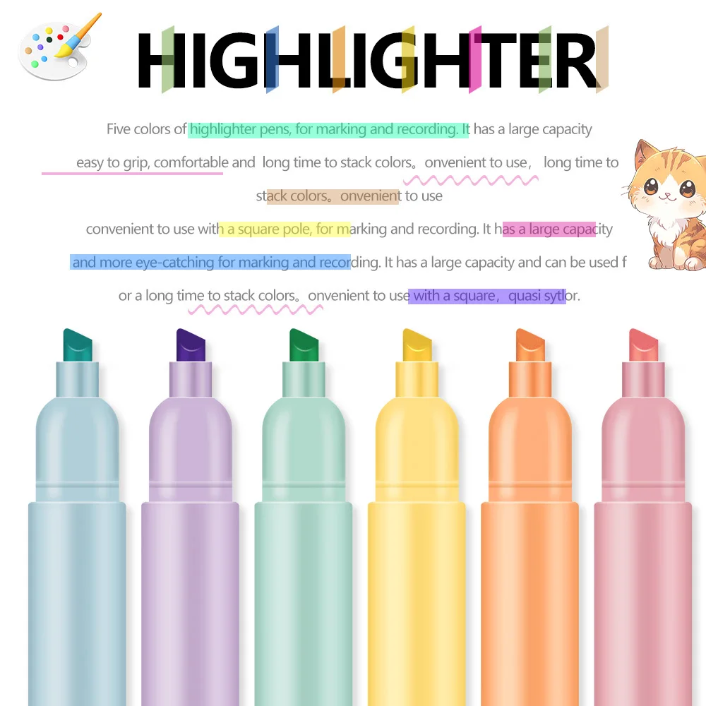 6 ألوان فسفورية لطيف القط باو شكل طرف مائل لرسم الكتابة على الجدران الأطفال هدية الفن مكتب القرطاسية اللوازم المدرسية