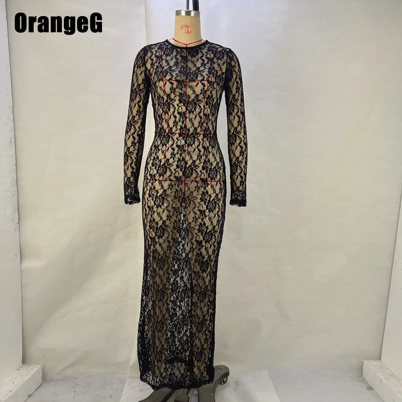 OrangeG-Vestido largo recto de encaje transparente para mujer, ropa de Club Sexy de manga larga con cuello redondo, ropa de medianoche, prendas de vestir transparentes 2024