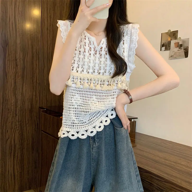 

Women Clothing Summer Korean Fashion All-match Fashionable Hollow Out Solid Color Indie Folk O-neck Sleeveless Appear Thin Tank