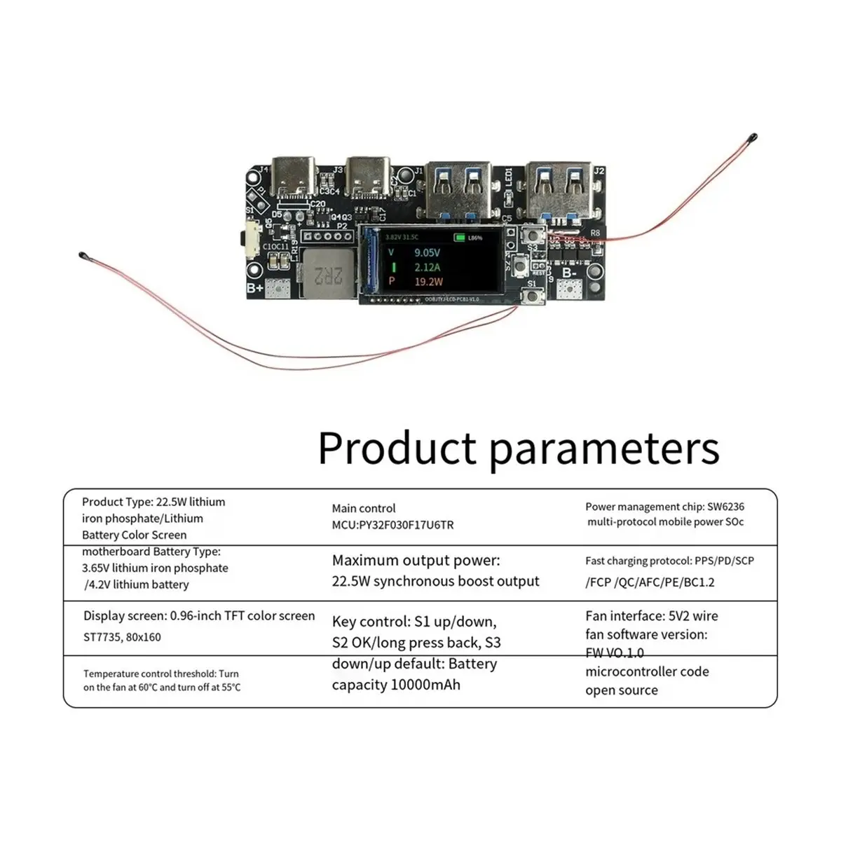 newA10R 22.5W PD Fast Charging Module TFT Color Display Power Bank Main Board DIY Mobile Power Circuit Board Lithium Iron