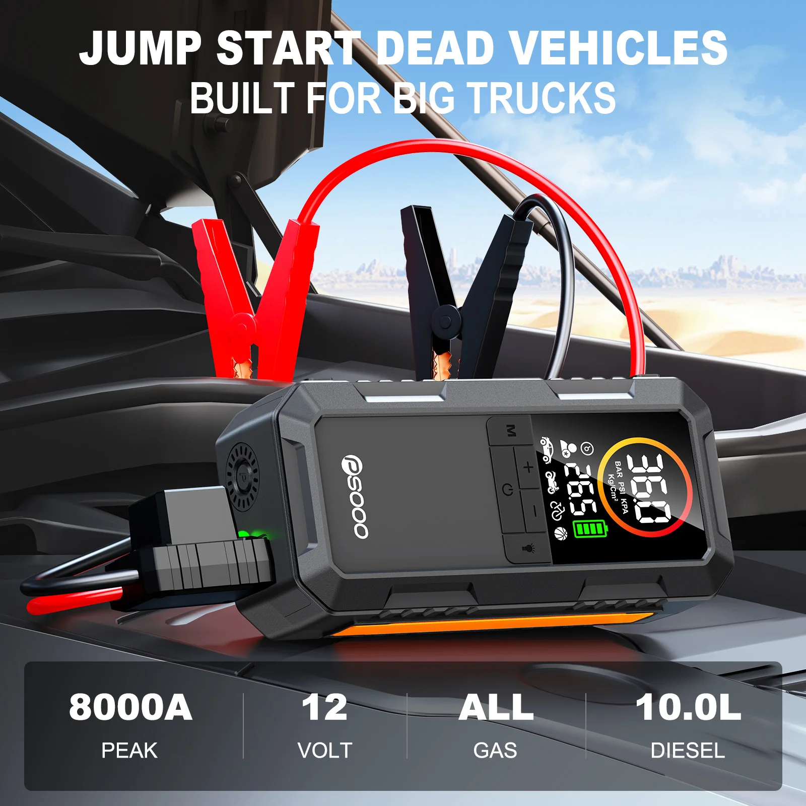 10000mAh Portable Car Jump Starter with Air Compressor Digital Tire Inflator Power Bank LED SOS Light for Vehicles