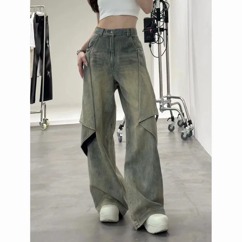 Retro Washed Micro Flared Jeans for Women's American High Waisted Straight Leg Loose Wide Leg Drape Long Pants Female Clothing