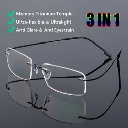 Anti-blue Light Rimless Men's Reading Glasses Flexible Memory Titanium Legs Presbyopia Glasses +1.0 To +4.0
