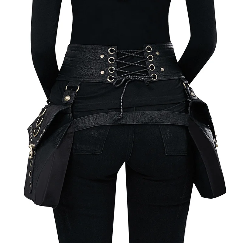 Steam Punk PU Leather Cool Motorcycle Women's Bag Retro Waist Bag Rivet Splicing Heavy Design Fashionable Travel Bag