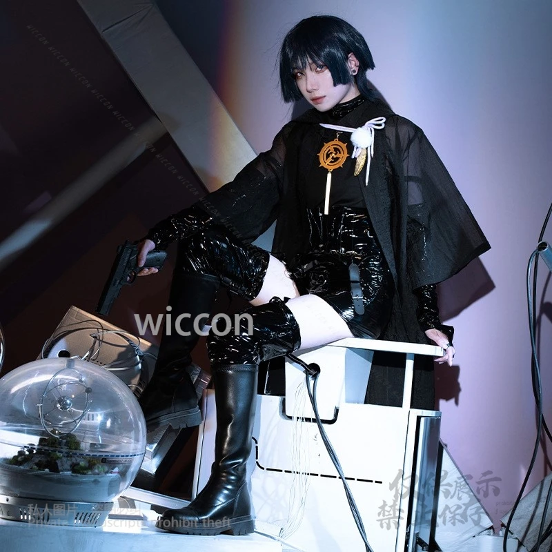 Wanderer Killer Abito nero bello Costume cosplay Set completo di abbigliamento Genshin Impact Pelle PU Parrucca corta da uomo Festa di Halloween