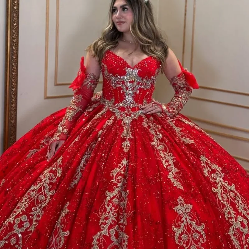 

Customized Shiny Red Quinceanera Dresses Off the Shoulder Sequin decal crystal Long tail lace Bow Vestido 15 Quinceanera