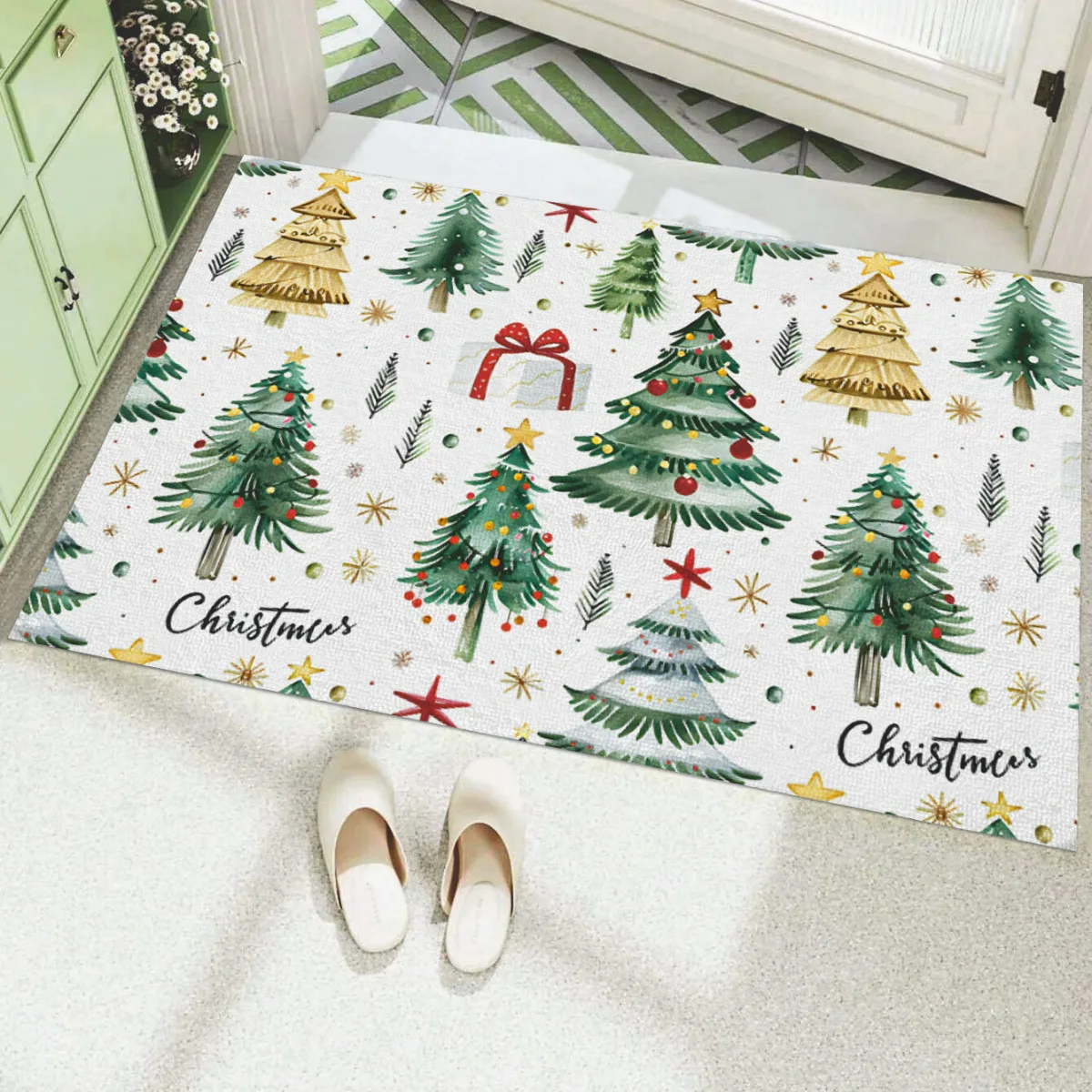 

VIKAMA Christmas Tree Printed Diatom Mud Carpet Bedroom Living Room Entrance Door Floor Mat Non-slip Absorbent Home Decoration