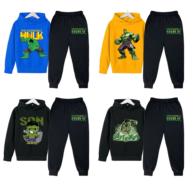 

2pcs Hulk Marvel Hoodie Sweatshirt Pants Warm Plush Boys Trendy Jacket Anime Cartoon Kids Movie Clothing Autumn Winter Christmas