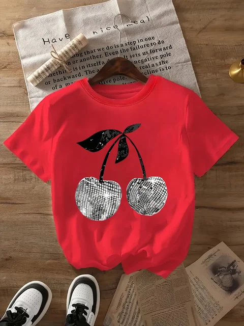 Silver Cherry Graphic Print T-Shirt z krótkim rękawem i okrągłym dekoltem Casual Top na letnią i wiosnę Odzież damska S