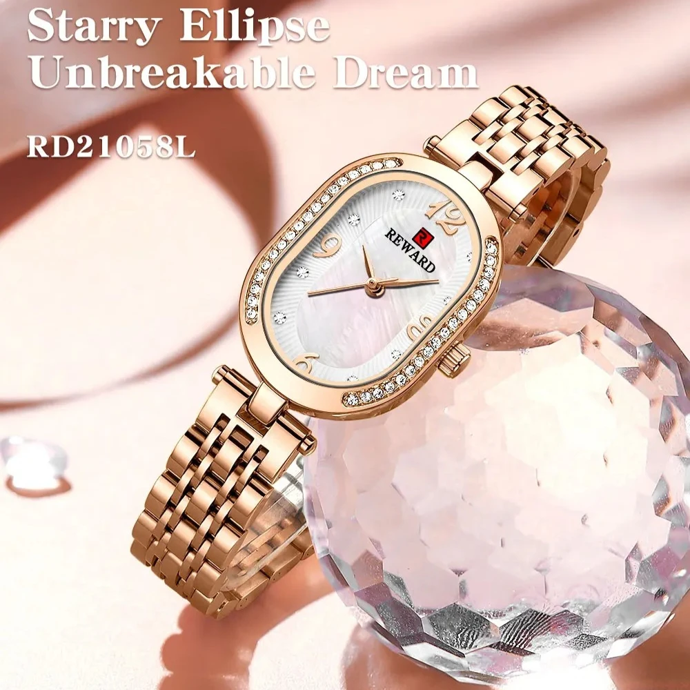 

REWARD 21058 Luxury Women's Oval Quartz Watch Exquisite Diamond Set Design Stainless Steel Strap Fashion Watches for Woman