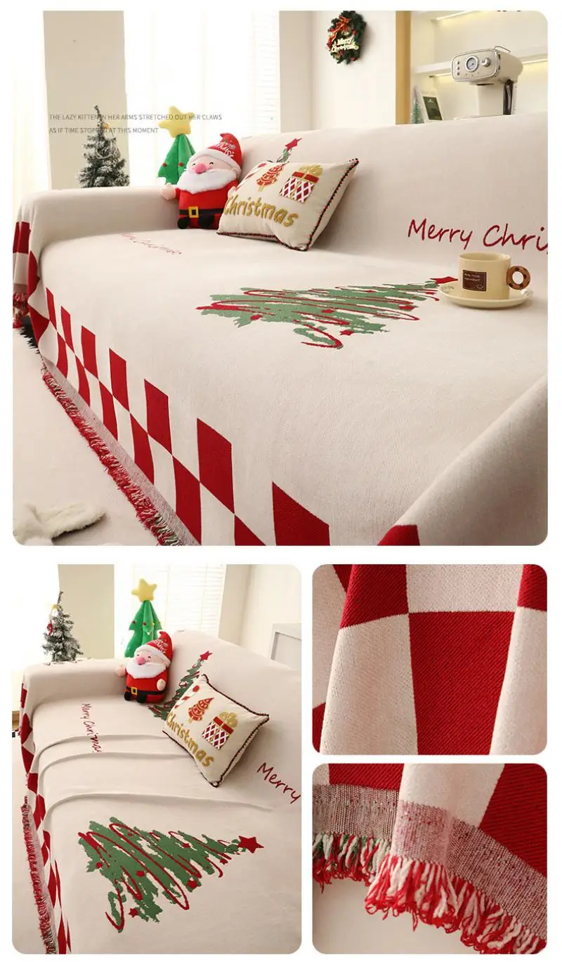 Weihnachts-Sofabezug-Decke, Festliche Wohnzimmer-Dekoration, Rote Beidseitige Wiederverwendbare Sofabezüge aus Stoff – Detail 11