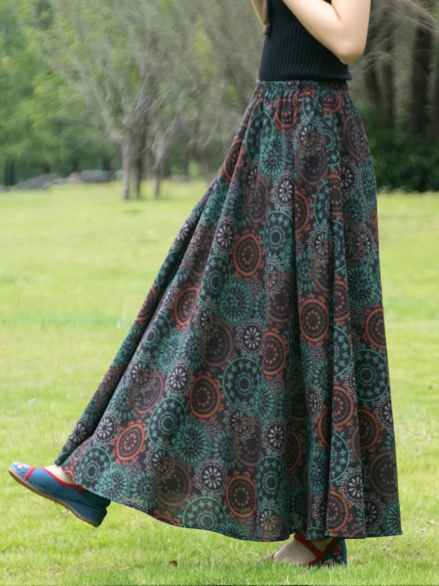 TIYIHAILEY ロングマキシ丈 レディース コットンリネン プリントスカート Aライン ゴム入りハイウエスト 2025 レディース 2025 新作 春秋ファッション