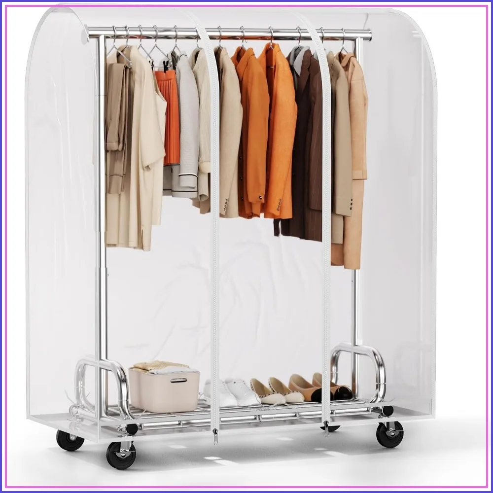 Heavy Duty Clothes Rack with Cover, Adjustable Garment Rack with Lockable Wheels, Portable Closet