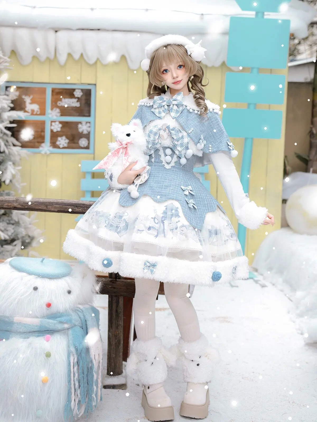 Winter Snow Lolita 3-piece Set Blue Plush Cape Blouse Dress Cute Rabbit Ear Lolita Outfit For Daily Cosplay