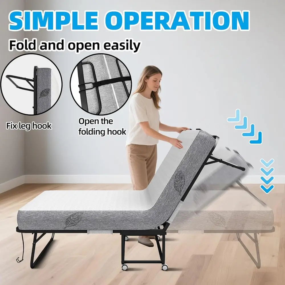 XL Twin Size Portable Folding Bed with 5 Memory Foam Mattress and Lockable Wheels view 6