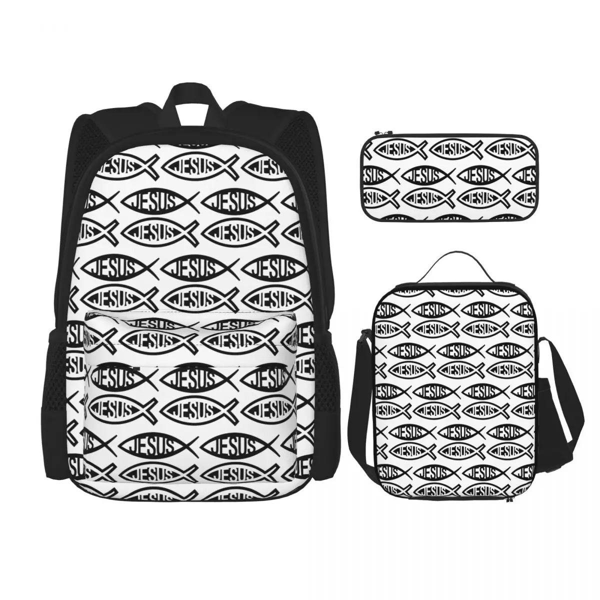 

Catholic Jesus Fish Backpacks Boys Girls Bookbag Children School Bags Cartoon Kids Rucksack Lunch Bag Pen Bag Three-Piece Set