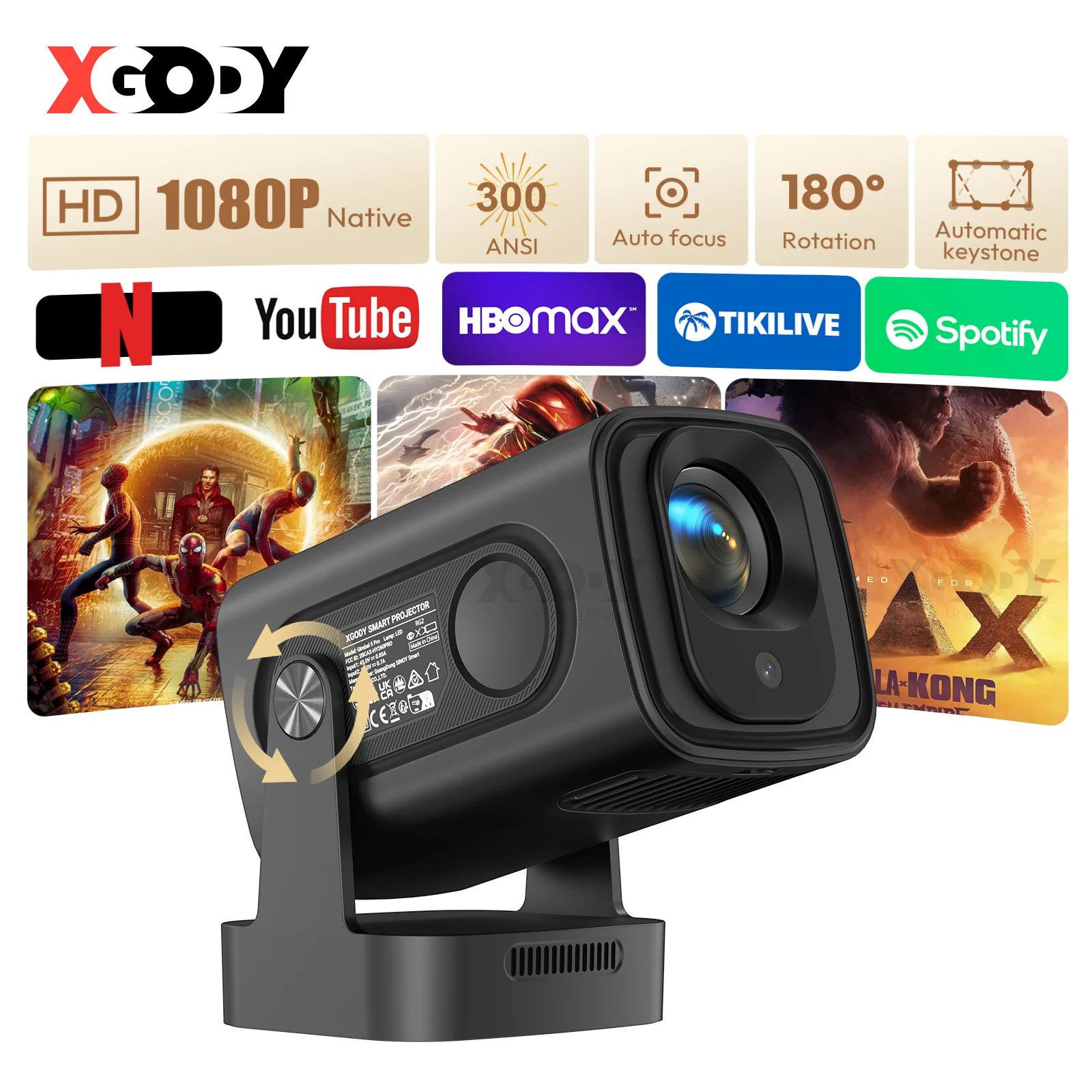 

XGODY Gimbal 5 PROAndroid 11-Projektor 4K Native 1080P Autofokus 330ANSI Dual Wifi BT5.4 Air Mouse Voice Home Outdoor Movie