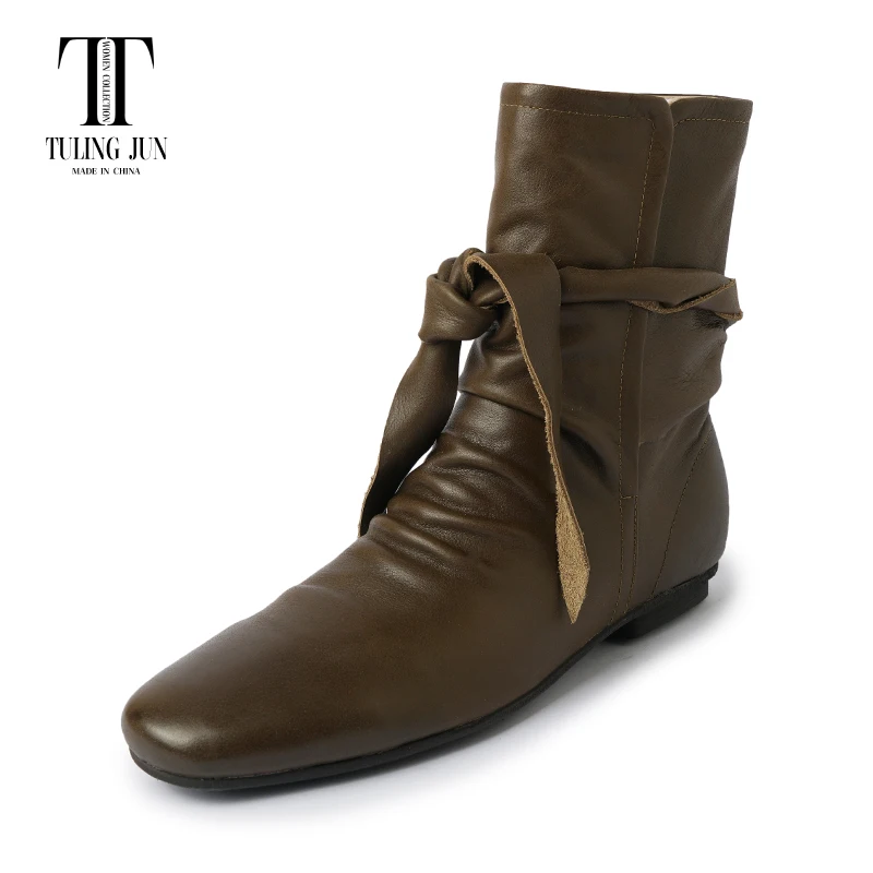 

TULING JUN Winter 2023 Woman Round Head Mature Solid Colors Ankle Boots Flat Heels Concise Cross-tied Shoes For Female MS-M7573