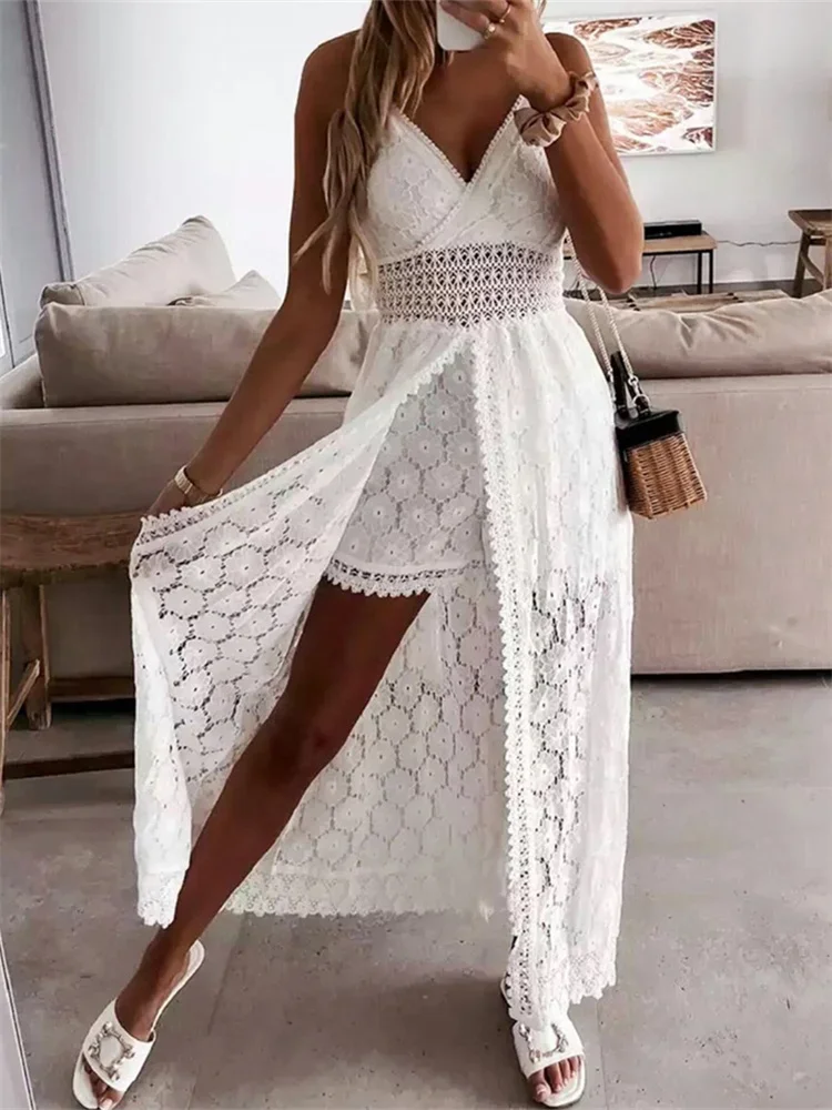 2024 Summer Women Lace Playsuit Dress Sleeveless V Neck Hollow Out Irregular Midi Dress Sexy Elegant Casual Bohemian Dresses