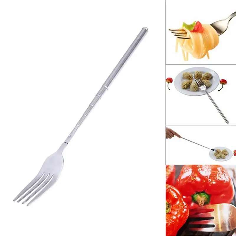 Stainless Steel Telescopic Extendable Fork 1-2PCS Long Dinner Fruit Dessert Fork Barbecue Meat Fork Kitchen Portable Utensil