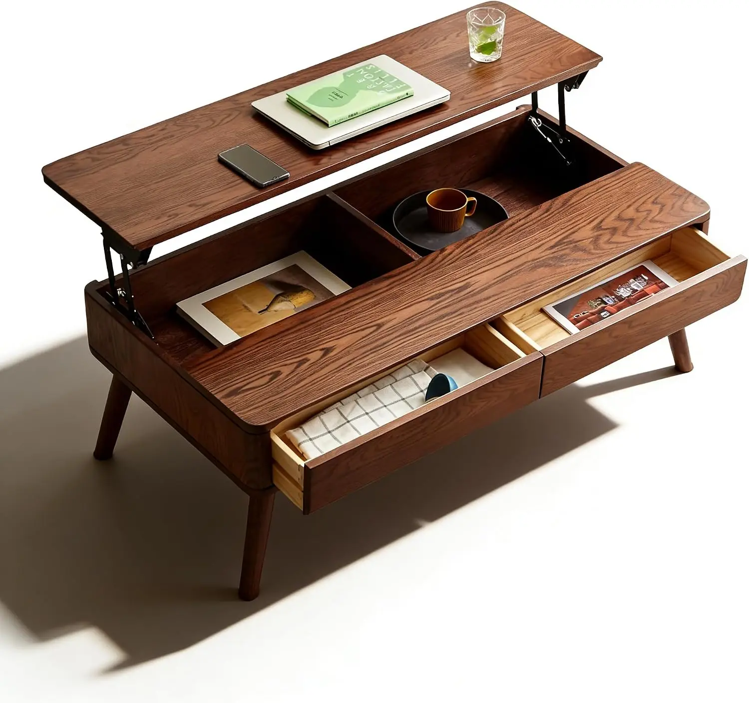 Wood Lift Top Coffee Table, 100% Solid Oak Wood Small Rising Dining Center Table with Storage Shelf and Hidden Compartment for L