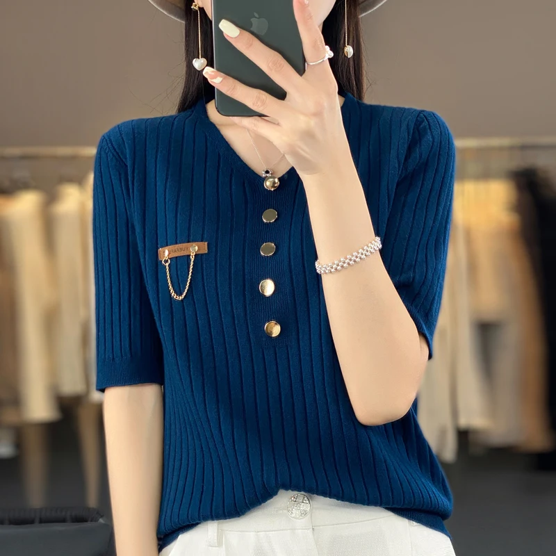 2023 Summer Women\'s V-Neck Cashmere Sweater Short Sleeve Cashmere Short Sleeve Sweater Pullover