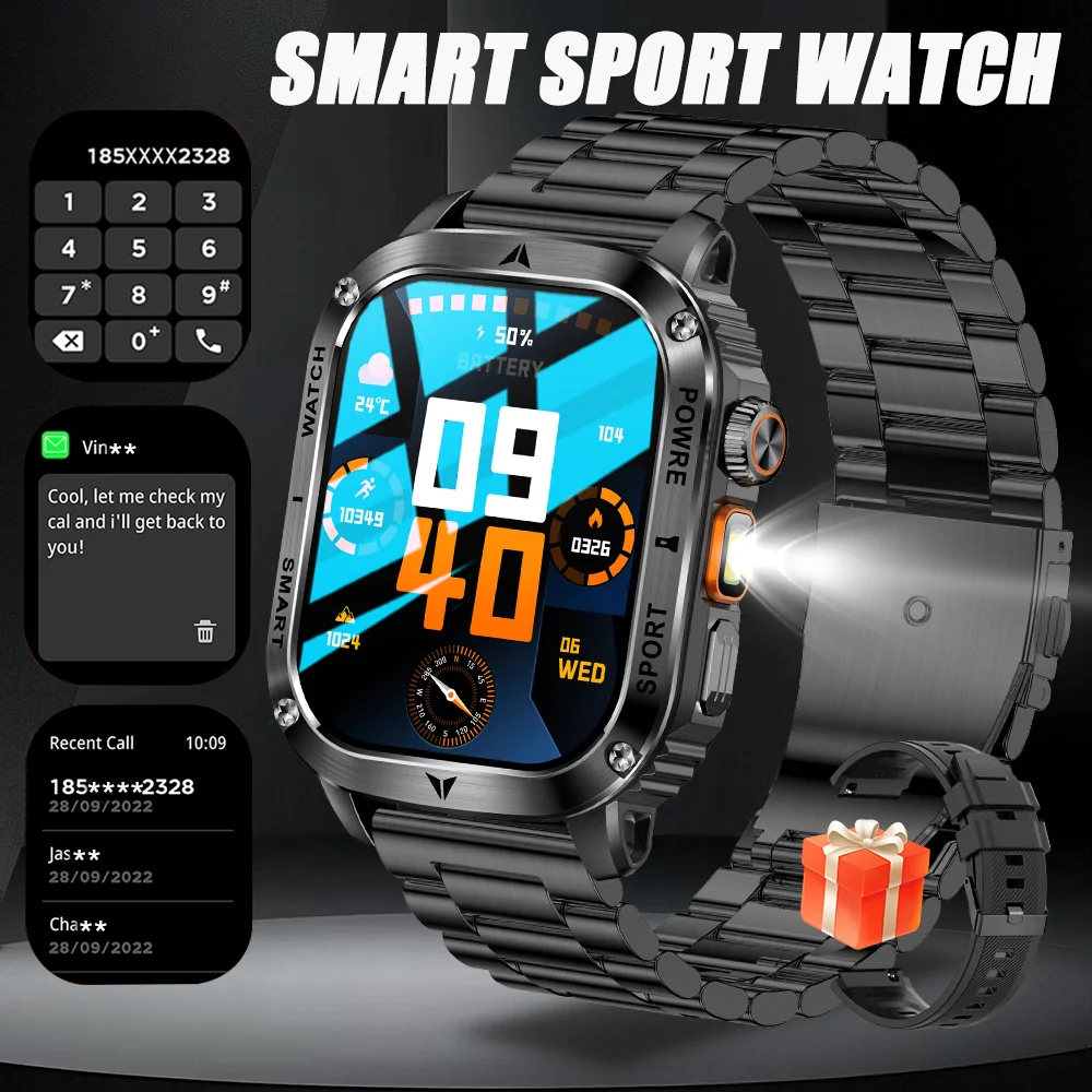 

Новинка 2023 года, SmartWatch 2,01 дюйма, большой сенсорный экран, светодиодный фонарик, монитор здоровья кислорода в крови, мужские умные часы 170 + спортивный трекер