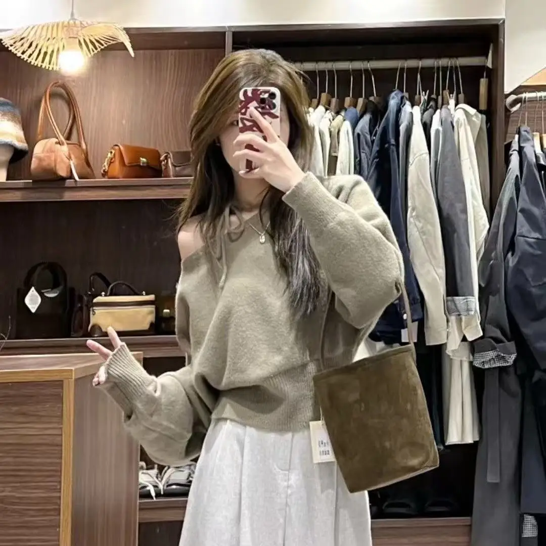 Koreaanse Chic oulder Bared ort Truien vrouwen Losse Luie Overhead Trui Schuine Kraag Herfst Nieuwe Sle Casual Faion