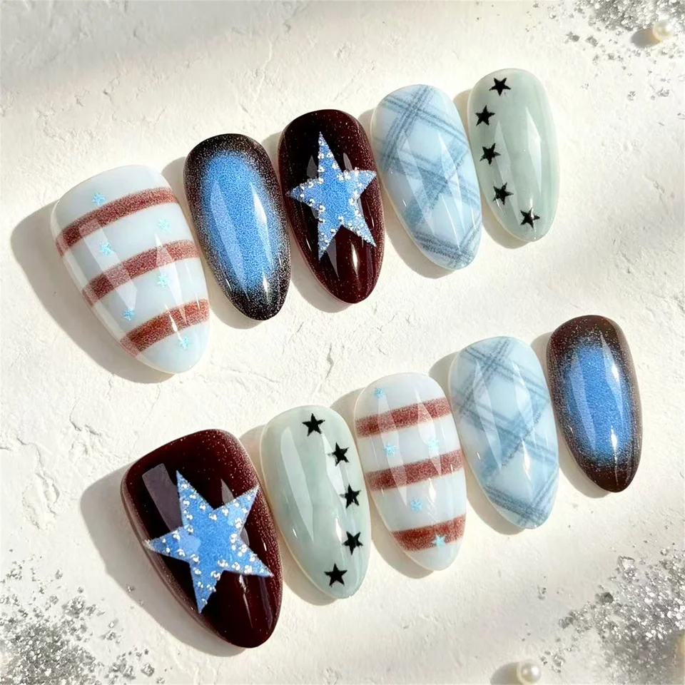 30 uñas postizas en forma de almendra, estilo Y2K, cuadros azules retro, estrellas doradas, para mujer, fiestas, uso diario, manicura DIY