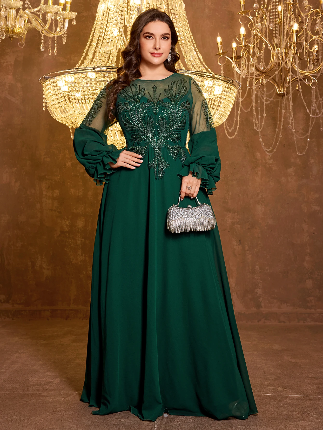 

UNITHORSE Plus Women's O-Neck Lantern Sleeve Luxury Bead Sequin Stitching Chiffon Formal Evening Dress