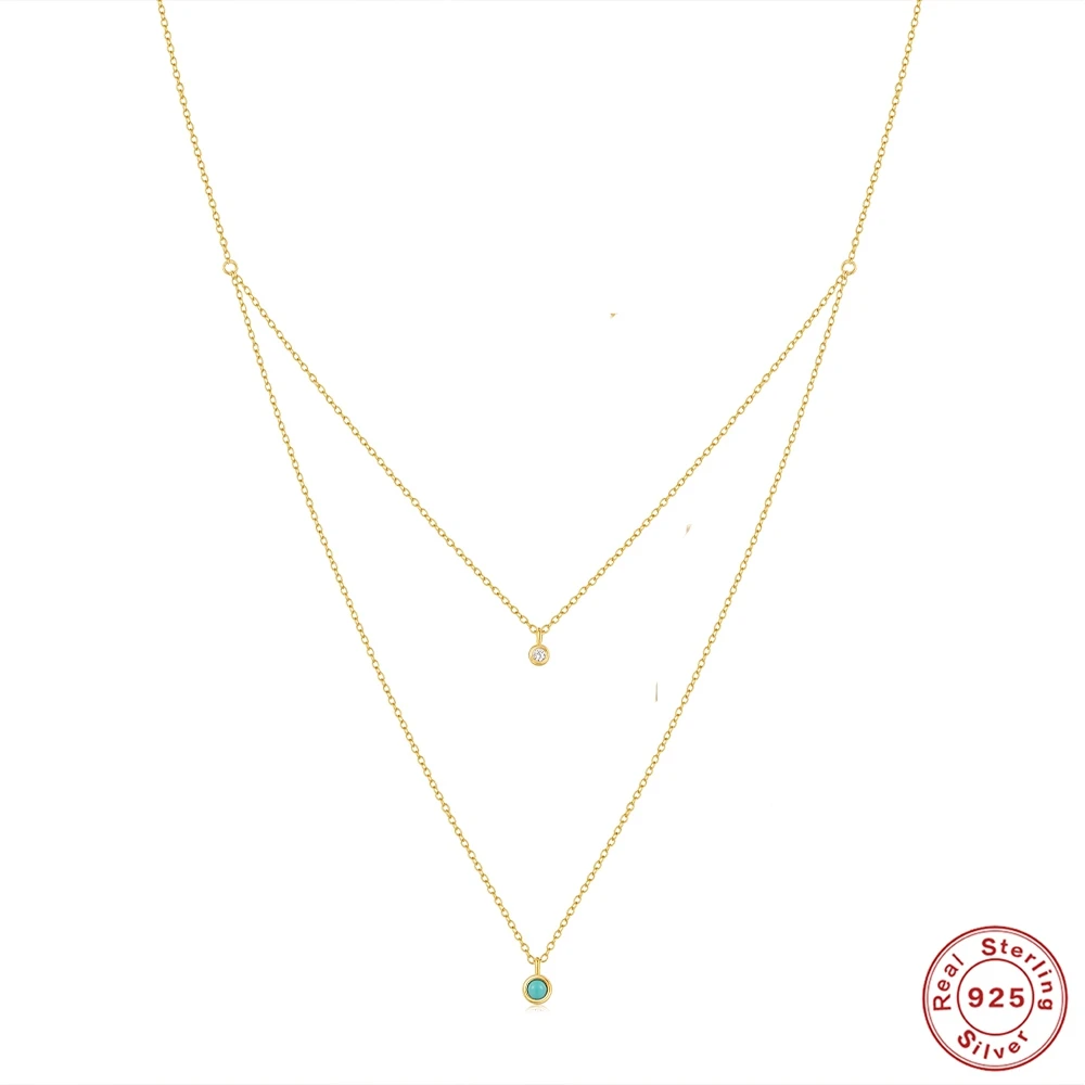 

KOJ 925 Sterling Silver For Women Zircon Double Layered Turquoise Stackable Wear Necklace Trending Gold Color Neck Jewelry gifts