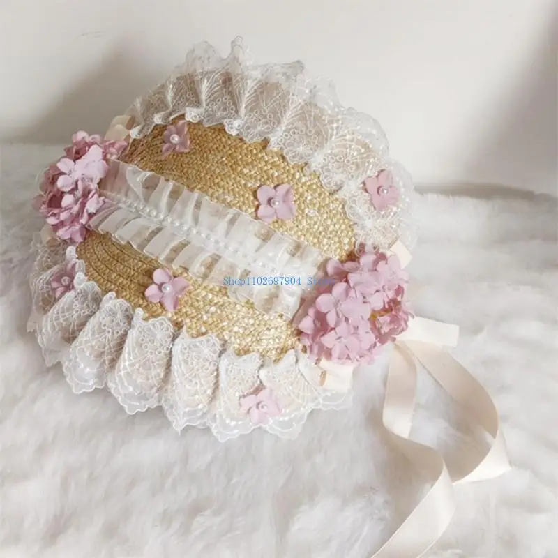 

N7YF Elegant Hat French Hat Hand-made Lace Bonnet Flat Hat Pastoral Straw Hat