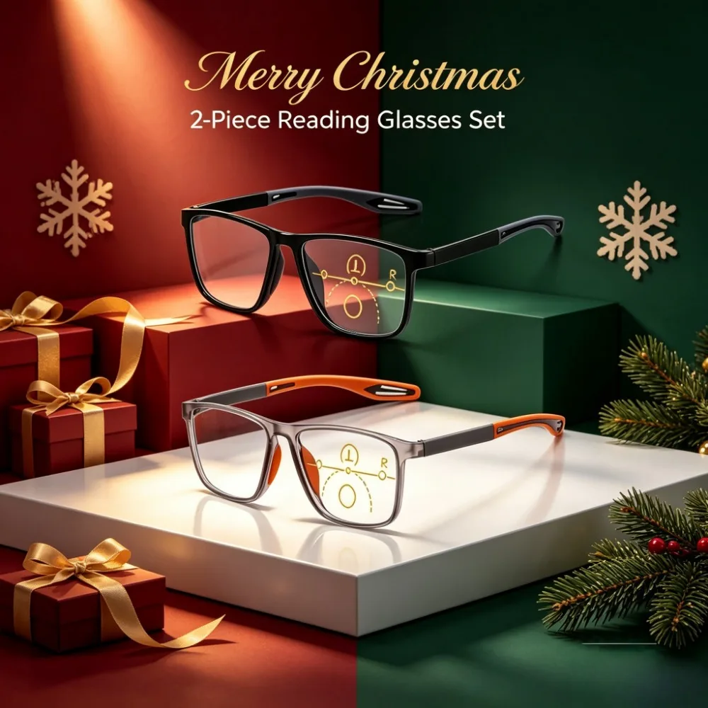 Two Pairs of TR004 Men's progressive Multifocal Reading Glasses, lightweight Sports Square Blue Light-Blocking Glasses, Perfect for Daily Driving and Office Use, Typical Men's Christmas and Halloween Gifts in Random Colors