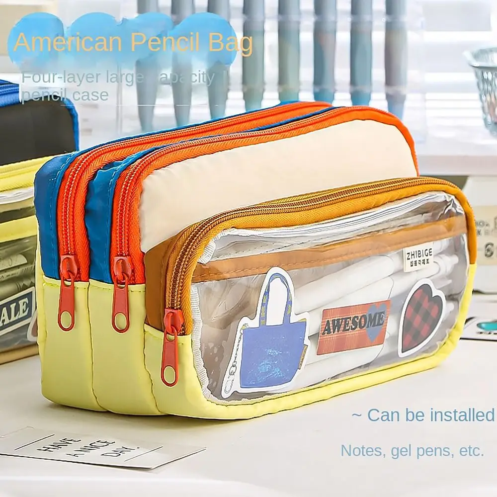 4 Layers Pencil Case Large Capacity Color Stitching DIY Badge Pen Bag Transparent Window Multi-functional