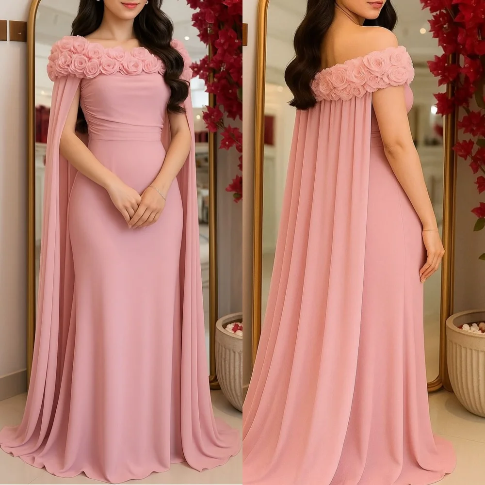 

Customized Matching Exquisite Chiffon Handmade Flower Pleat Straight Off-the-shoulder Long Dresses Bespoke Occasion Dresses Sexy