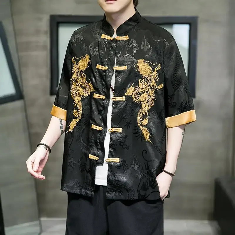 Summer Fashion Stand Collar Dragon Embroidered Ice Silk Mid Sleeve Tang Suit Shirt Pants Men Gothic Style Casual Kung Fu Top