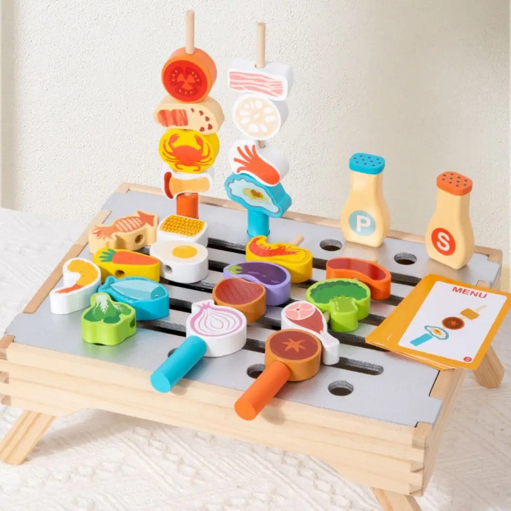 Wooden Pretend Play Kitchen Play House Simulation Food Simulated Barbecue Set Miniature Cognitive Pretend Cooking