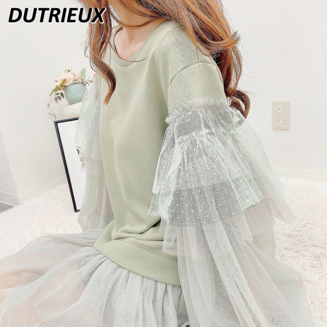 Japanese Retro Multi-layer Ruffle Edge Mesh Long-sleeved Versatile Long Sweatshirt Dress Sweet Girls Versatile Crew Neck Dresses