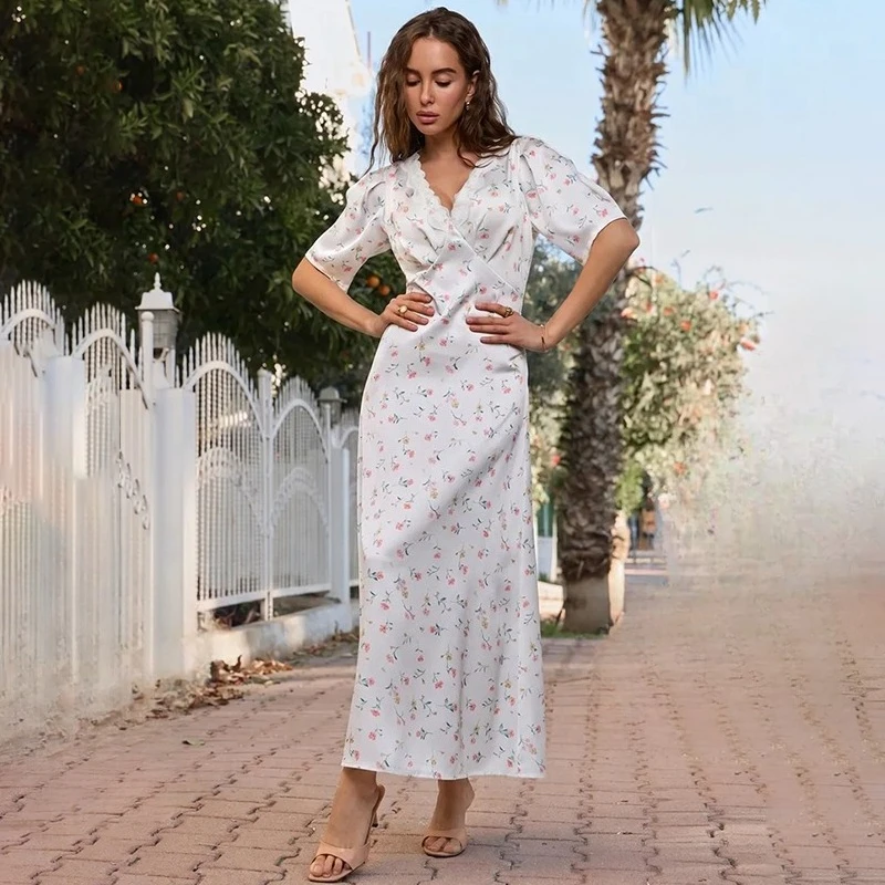 TARUXY Women's Floral Maxi Dress V Neck Short Puff Sleeve Lace Trim High Waist Slim Summer Casual Vacation Party Beach Dress 6