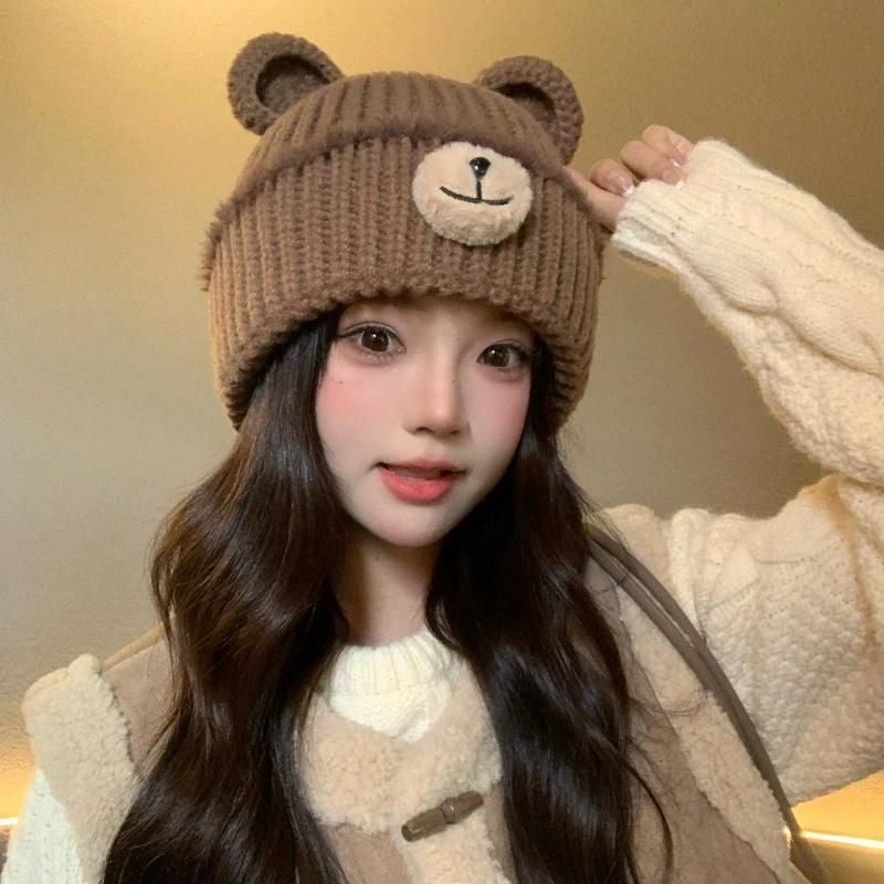 Herbst- und Wintermütze im koreanischen Stil für Frauen, Bärenohren, süße und niedliche vielseitige Wollstrickmütze, Gehörschutz, warme kalte Mütze – Detail 3